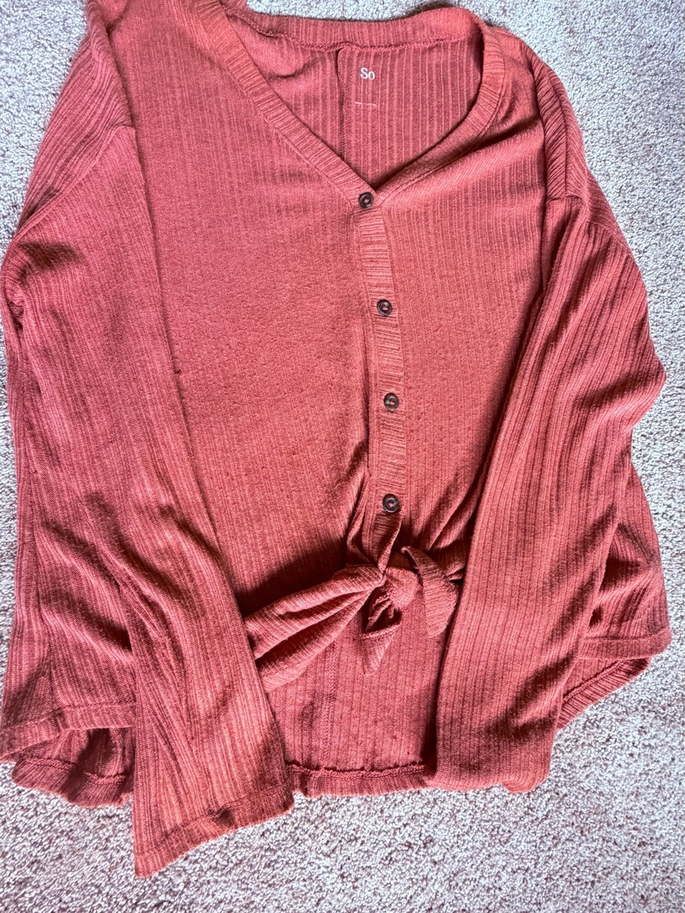 SO Ribbed Button-Front Tie Hem Top - Rust